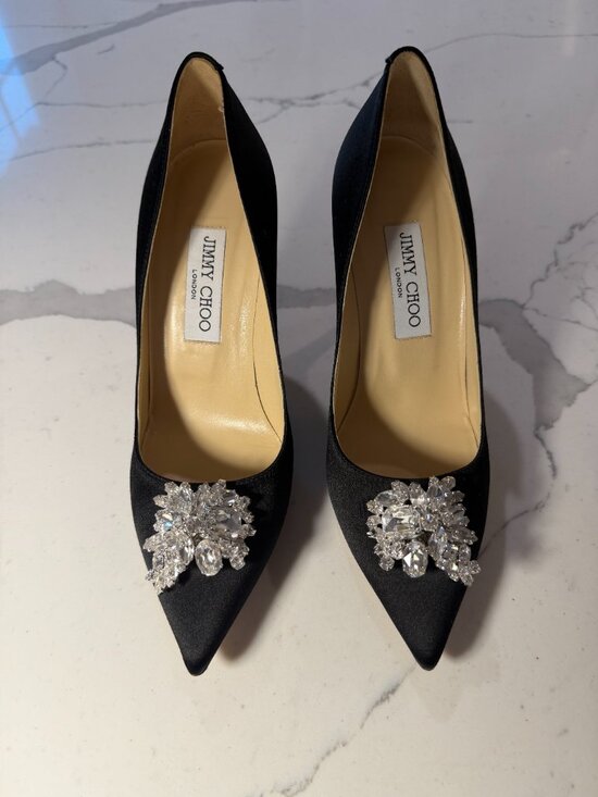 Jimmy Choo Shoes - Jimmy Choo Romy Black Satin Crystal Jewel Brooch Pumps - IT 38